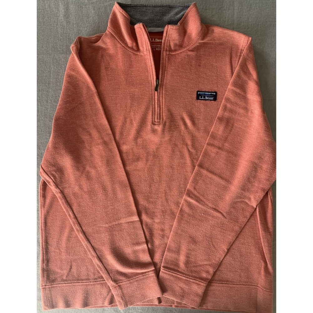 LL Bean Mens Large Comfort Stretch Salmon Quarter Zip Pullover,‎ Long-Sleeve